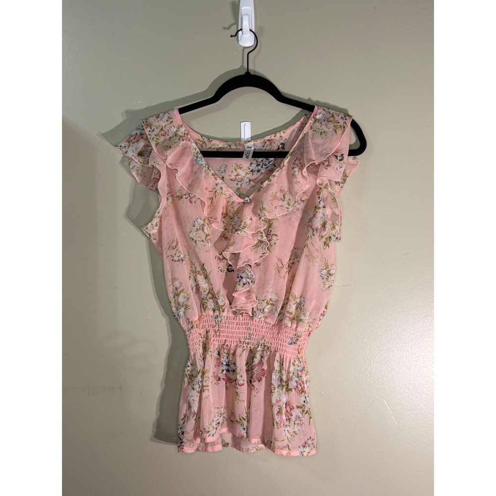 Mixage by Lady Dutch Pink Floral Ruffle V-Neck Smocked Waist Blouse Medium